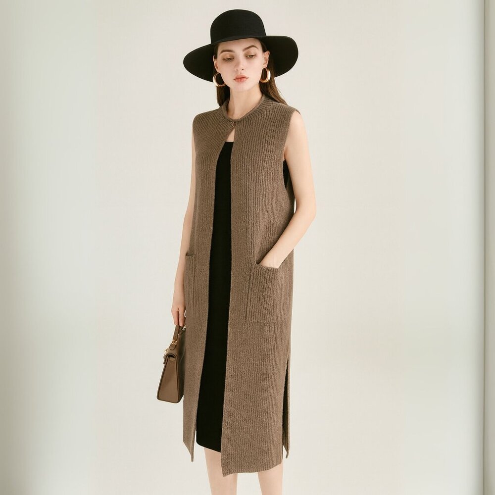 Knitted Long Vest w/Pocket Cardigan Sweater Coat